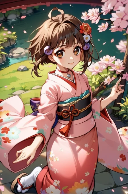 score_9, score_8_up, score_7_up, very aesthetic, source_anime, detailed, high quality, beautiful, masterpiece, detailed eyes,
<lora:lightXL:0.8>
japanese shrine, sakura tree,
cowboy shot, close up, dynamic angle
flat chest, light smile, dynamic pose,
<lora:reala_autismConfetti_v01:0.99>
reala \(tales\), 1girl, brown hair, hair ornament, brown eyes, ahoge, short hair,
choker, kimono, floral print, pink kimono, sash, tabi, hair flower,, zPDXL