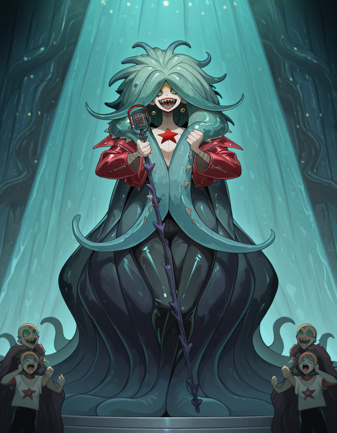 masterpiece, best quality, amazing quality, <lora:scyllaIllustrious:1>,
scylla, tentacle hair, sharp teeth,  , green blue eyes, colored sclera, microphone, microphone stand, metal concert, microphone, latex pants, red leather jacket, torn white shirt, singing, spotlight,  colored lights <lora:afkArenaIllustrious:0.6> afkArenaStyle