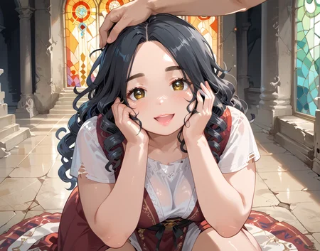 PonyScores7, source_anime, ah1, IllustriousQual, <lora:natsumi_style:0.5>, <lora:by_usakun-pony:0.4> by usakun, <lora:Akina_Bbw_Style_-_PonyXL:0.2> AkinBw
BREAK (head out of frame)
BREAK 1girl, mature female, (round face:1.2), (thick eyebrows:1.3), (curvy), round-chin, caucasian, (plump face), <lora:Round_face:0.2>, <lora:ETO_OCPonyXL:0.3> eto_oc, skindentation, (plump), thick thighs, wide hips, busty, voluptuous, lips, <lora:venus body PonyXL:0.3>, <lora:shinyskin2:0.2> glistening skin
BREAK  (((curly hair), long hair, (black hair:1.4), (parted hair:1.7), messy hair, kinky curls, <lora:hairdetailpxl:0.2> hairdetailpxl))
BREAK ((brown eyes), (colorful eyes), (multicolored eyes), (downturned eyes:1.4), <lora:expressive eyes:0.2> expressive eyes, <lora:eyedetailpxl:0.2> eyedetailpxl, <lora:Eyes_High_Definition:0.2> EyesHD)
BREAK ((laugh,  <lora:Expressive_H:0.2> Expressiveh, <lora:Emotional_Anime_Expressions_PonyXL_Concept:0.2> emotional, <lora:Best_Facial_Expression_LoRA_PONY:0.2>, looking at viewer, <lora:Detailed expressive EXEV style -XL Pony V1.0:0.2> FaceDetail))
BREAK ((she kneels beside her fallen comrade, her hands cradling the man's head, her eyes locked on her face, her expression a mask of calm concern, The other men gather around, their faces somber, as she speaks softly, her words a gentle reassurance, her touch a comforting presence))
BREAK dark liver (horses) explorer, mapping unknown territories to expand the knowledge of the world
BREAK (((ancient abandoned castle ruins, Weathered Chapel, A weathered chapel with cracked stained glass windows and a small altar draped in tattered cloth, The light filtering through the glass casts colorful patterns on the stone floor, creating an ethereal and peaceful atmosphere)))
BREAK <lora:xl_more_art-full_v1:0.2>, <lora:aesthetic_anime_v1s:0.2>, <lora:EpicF4nta5yXL:0.2>, <lora:detailxl:0.2> detailxl, <lora:Fant5yP0ny:0.2>, best quality, amazing quality, best aesthetic, absurdres, illustration, Volumetric_Lighting, ultra-detailed, very aesthetic, intricate details, 8k, masterpiece, best_quality
BREAK Stable_Yogis_PDXL_Positives, AS-Adult, <lora:Complicated fantasy portrait - XL Pony V2.0:0.2>, bad-hands-5, <lora:HDA_Detailer:0.3>, HDA_FatGirlXL