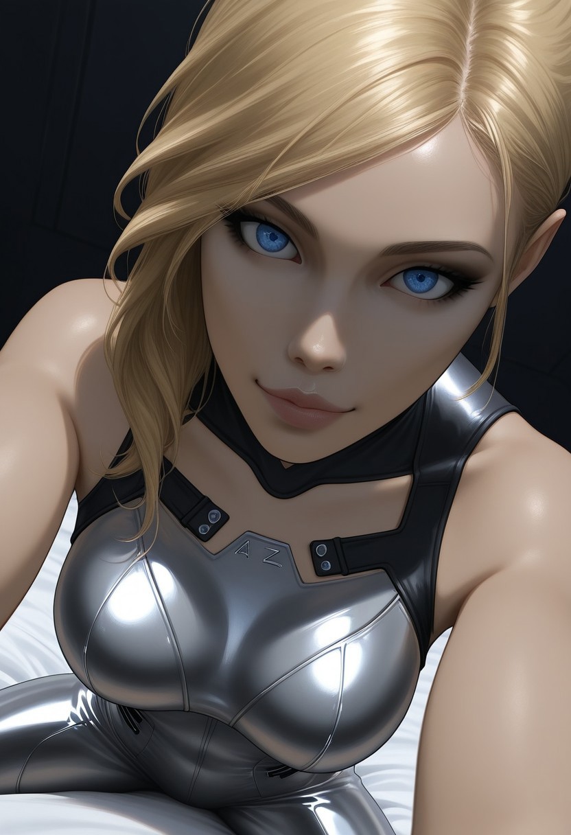 score_9, score_8_up, score_7_up, 1girl, close-up portrait of olz_lara1, pinup girl pose, Expressiveh, a sexy girl sitting on an all white bed in a spaceship, sitting on edge, straight blonde hair, blue eyes, big eyes, silver latex clothes, bare shoulders, silver sci-fi outfit, sleeveless,looking at viewer, perfect face, aroused look on face, soft smile, realistic, fit body, cute BREAK dramatic angle, unique perspective, unique angle, front view, face focus