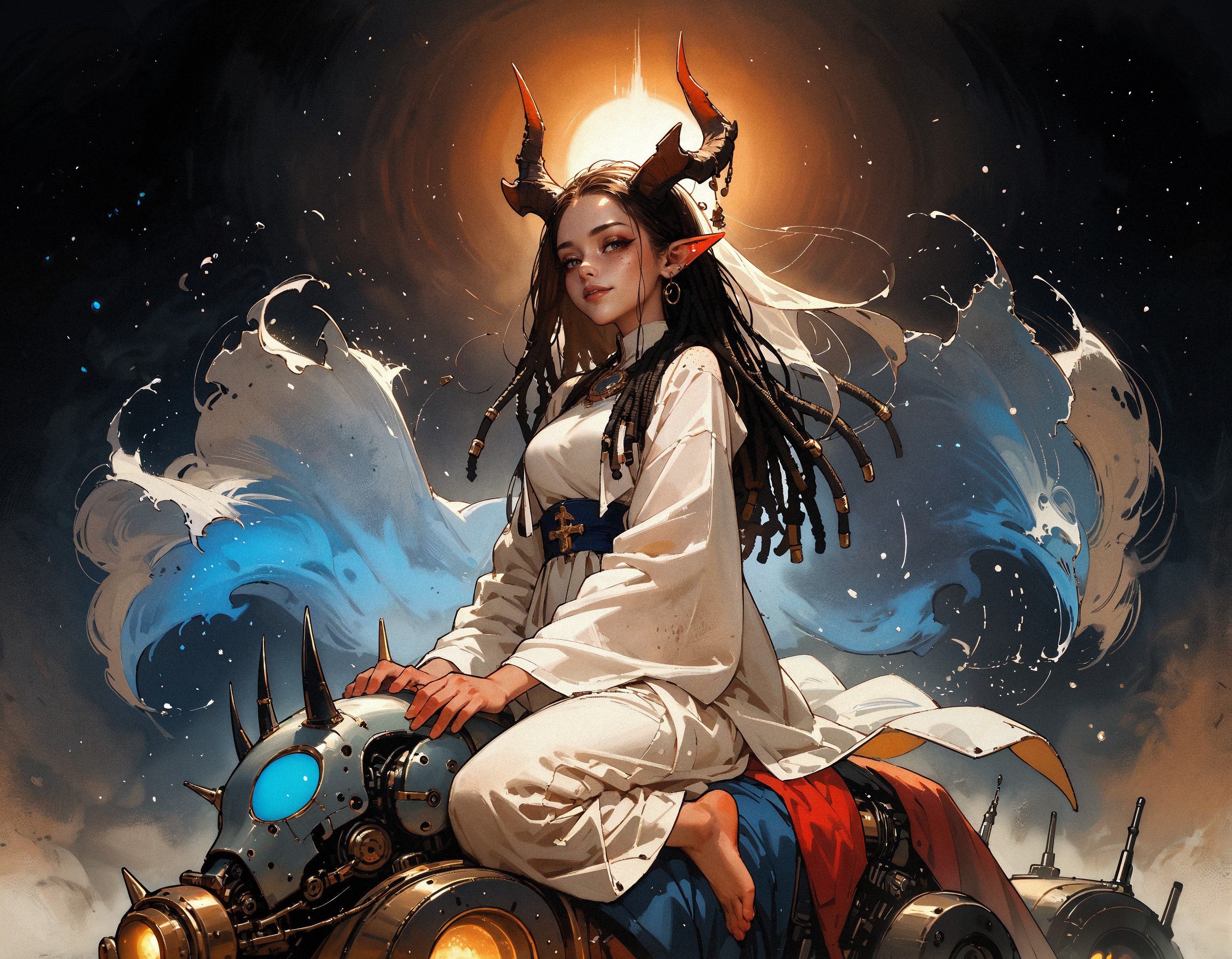 score_9, score_8_up, score_7_up, score_6_up, score_5_up, score_4_up,   female priestess, (full body:1.1), cel-shading, backlit, delicate features, very long hair, (dreadlocks), riding a mechanical wolf, medium breasts, horns, cyborg, pointy elf ears, multiple ear piercings, black background, techwear, large horns, dynamic pose, freckles, light blue outfit, blue glowing machine parts, hair oranments, smug, seductive smile, from behind, looking over shoulder, battle armour, chestplate, japanese dress