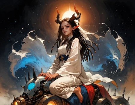 score_9, score_8_up, score_7_up, score_6_up, score_5_up, score_4_up, female priestess, (full body:1.1), cel-shading, backlit, delicate features, very long hair, (dreadlocks), riding a mechanical wolf, medium breasts, horns, cyborg, pointy elf ears, multiple ear piercings, black background, techwear, large horns, dynamic pose, freckles, light blue outfit, blue glowing machine parts, hair oranments, smug, seductive smile, from behind, looking over shoulder, battle armour, chestplate, japanese dress