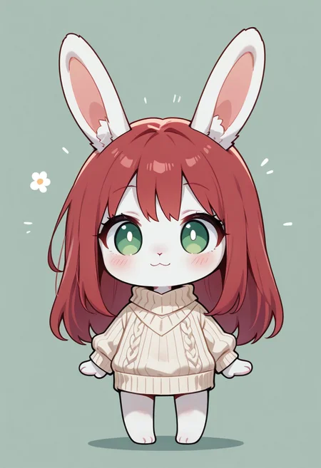 masterpiece,best quality,amazing quality, very aesthetic
rabbit girl,furry,red hair,white rabbit ear,solo,add detailed eyes,green eyes,dressed, black roll-up sweater,happy,long hair,
chibi, solo, simple art, solid stroke,