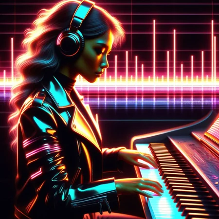 woman playing keyboard, neon, soundwaves, cool, realistic, music, album cover, abf_cover <lora:ABF_AlbumCover_2:1.1>, realistic, <lora:add-detail-xl:.4>
