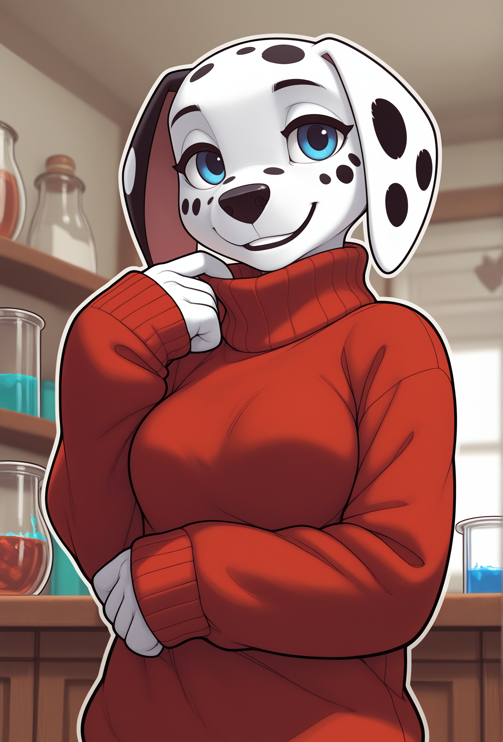 masterpiece,best quality,amazing quality, <lora:adjot_style_illustrious_v1f:1> adjstyle, furry, 1girl, solo, dalmatian, blue eyes, smile, BREAK
sweater, sleeves past wrist, turtleneck, laboratory
