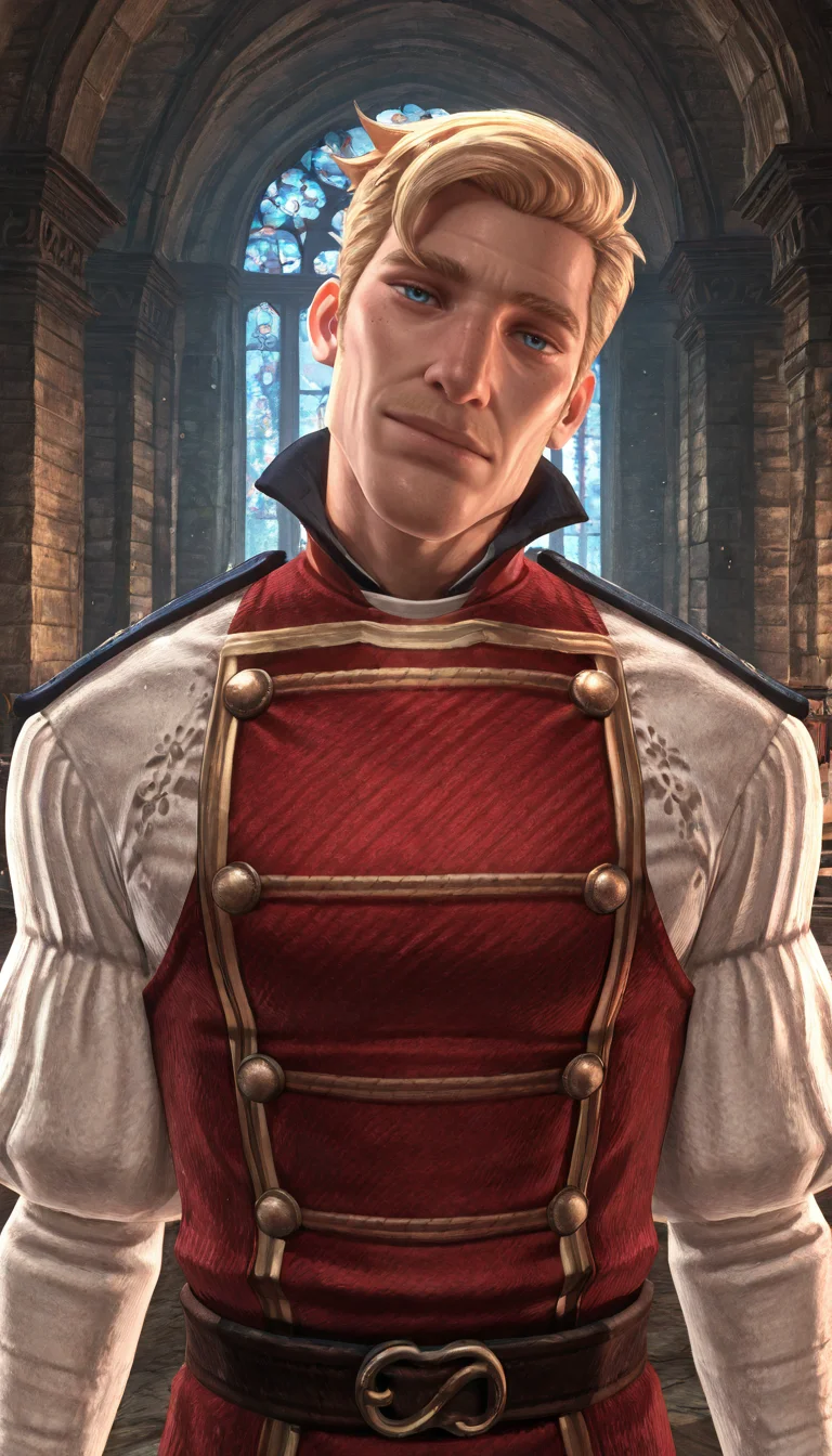 masterpiece,best quality,absurdres,newest,perfect quality,best quality,absolutely eye-catching,detailed background,intricate details,male focus,solo,<lora:Fable 3 - Ben Finn - Illustrious_1-000005:0.8>,bfinn,1boy,mature male,blue eyes,blonde hair,red military uniform shirt,puffy sleeves,long sleeves,brown belt,upper body,head tilt,