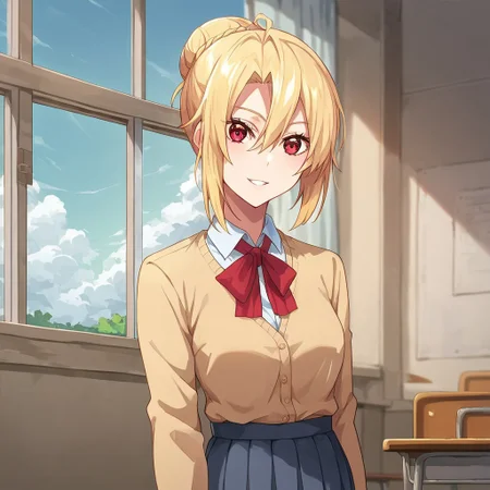 score_9, score_8_up, score_7_up, source_anime, angelica, blonde hair, single hair bun, red eyes, school uniform, pleated skirt, classroom, window, clear sky, clouds, smile, parted lips, looking at viewer, cowboy shot, dutch angle, solo,