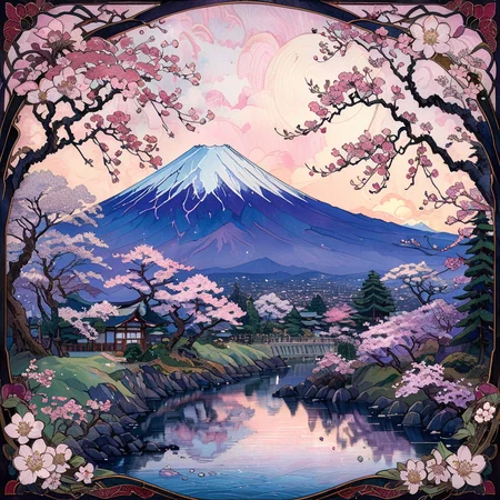 masterpiece, best quality, <lora:add-detail-xl:1> <lora:ArsMJStyleSDXL_-_Art_Nouveau:1> ArsMJStyle, Art Nouveau A Japanese-inspired landscape with Mount Fuji in the background, rendered in the flat colors and organic lines of Art Nouveau. Cherry blossoms in the foreground form intricate, interlocking patterns.