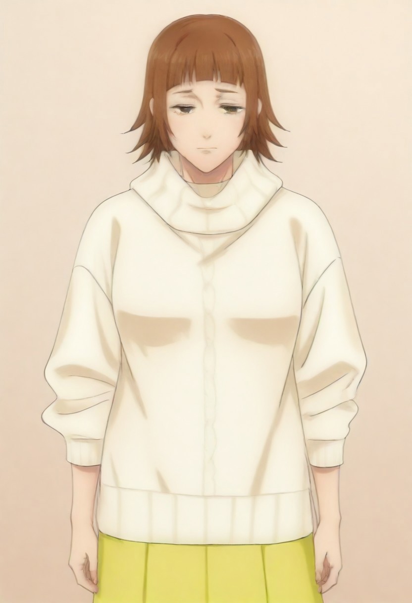 masterpiece, best quality, amazing quality,,, shiny skin,,,,,,,,yuozawa, brown_eyes, brown_hair, short_hair, blunt_bangs,, turtleneck, white_sweater, long_skirt, yellow_skirt,