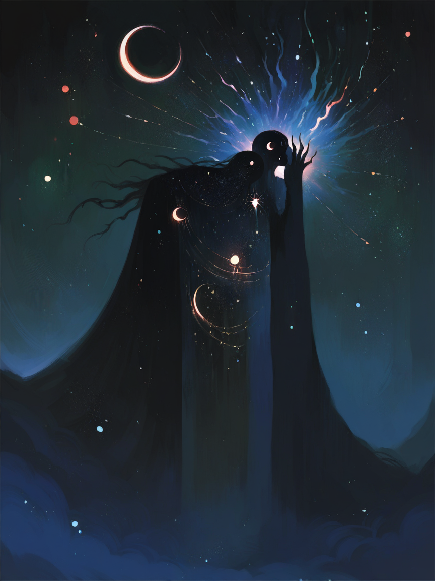 score_9, score_8_up, score_7_up, score_6_up, score_5_up,    <lora:watXLP:0.7> wat, 1girl, long hair, crescent moon, night, starry sky, glowing,