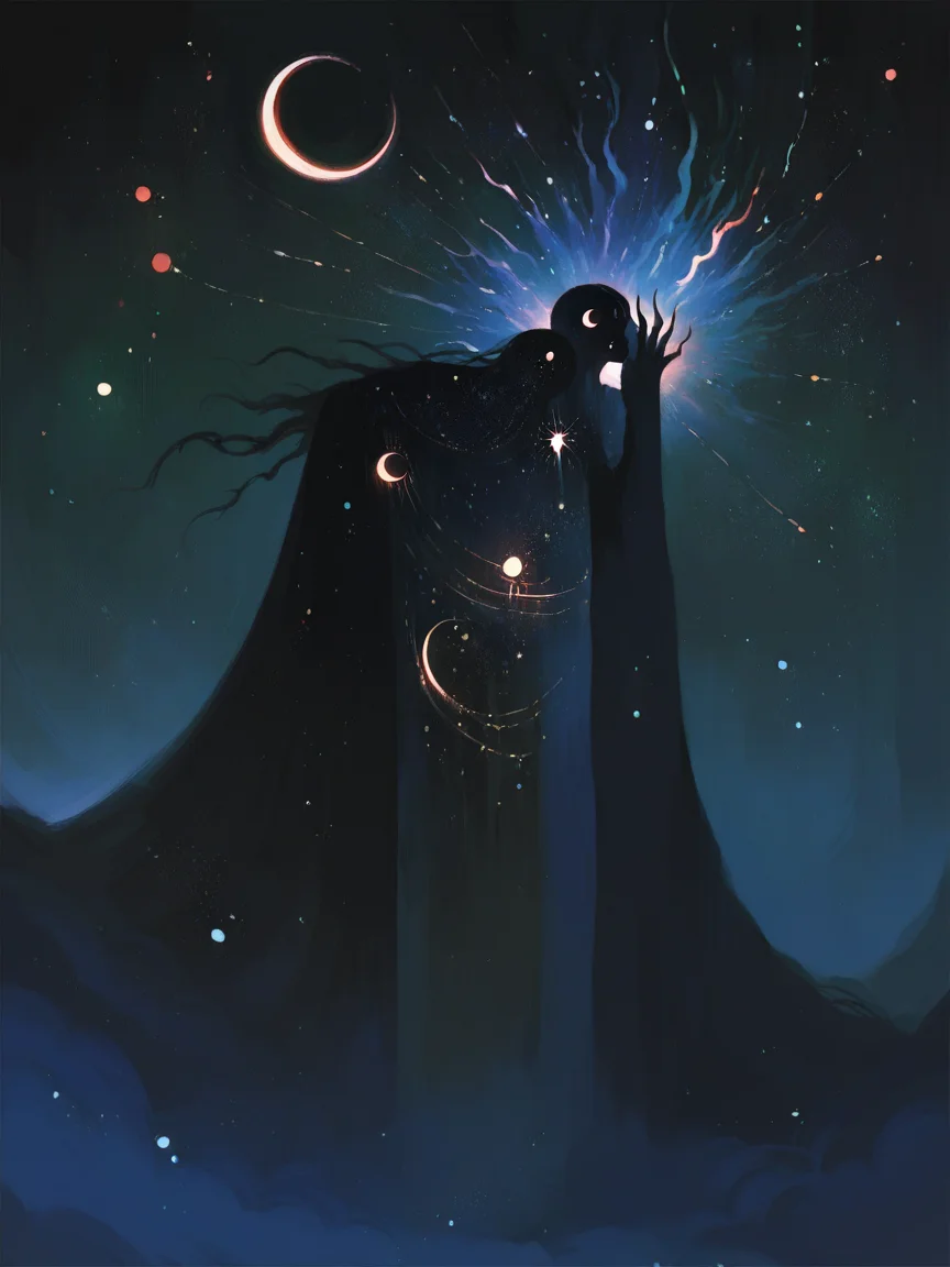 score_9, score_8_up, score_7_up, score_6_up, score_5_up,    <lora:watXLP:0.7> wat, 1girl, long hair, crescent moon, night, starry sky, glowing,