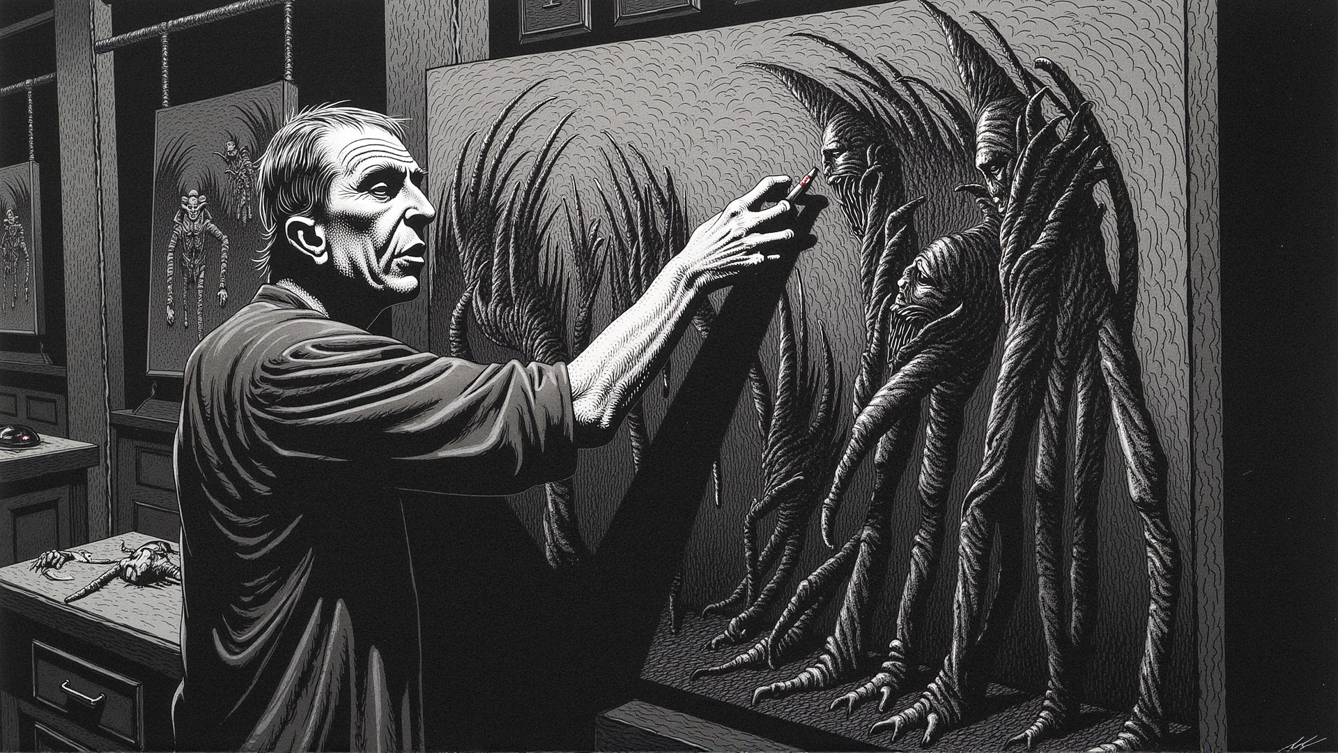 A disheveled artist stands before a monstrous canvas in a dark, cluttered studio. The canvas itself is alive, its surface rippling like water as twisted, shadowy forms emerge from the paint, reaching out with elongated limbs. The artist's face is gaunt, eyes wide with madness as they feverishly add more strokes, their hand moving in a blur, as if possessed by an unseen force. The studio walls are adorned with other disturbing, unfinished works, each one seemingly alive with its own horrific energy. The painting style is frenetic and intense, with thick, chaotic brushstrokes that blend the boundaries between reality and nightmare, capturing the artist's descent into insanity. <lora:metal_hurlant_v1:1.25>
