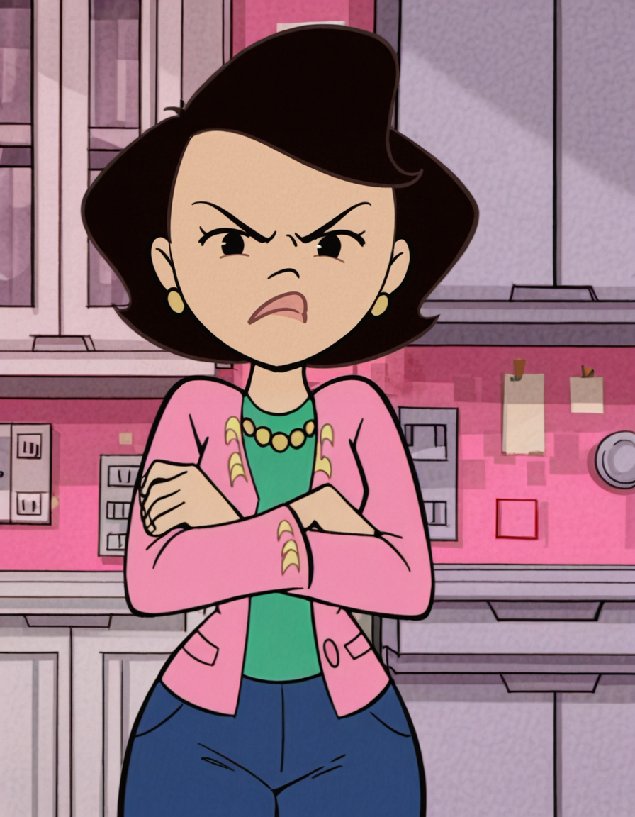<lora:SusanLongIllustrious1.0JLFO:1> susanlong, 1girl, black hair, pink shirt, solo, short hair, jewelry, earrings, black eyes, blue pants, pearl necklace, looking at viewer,frown, crossed arms,  cowboy shot,kitchen,