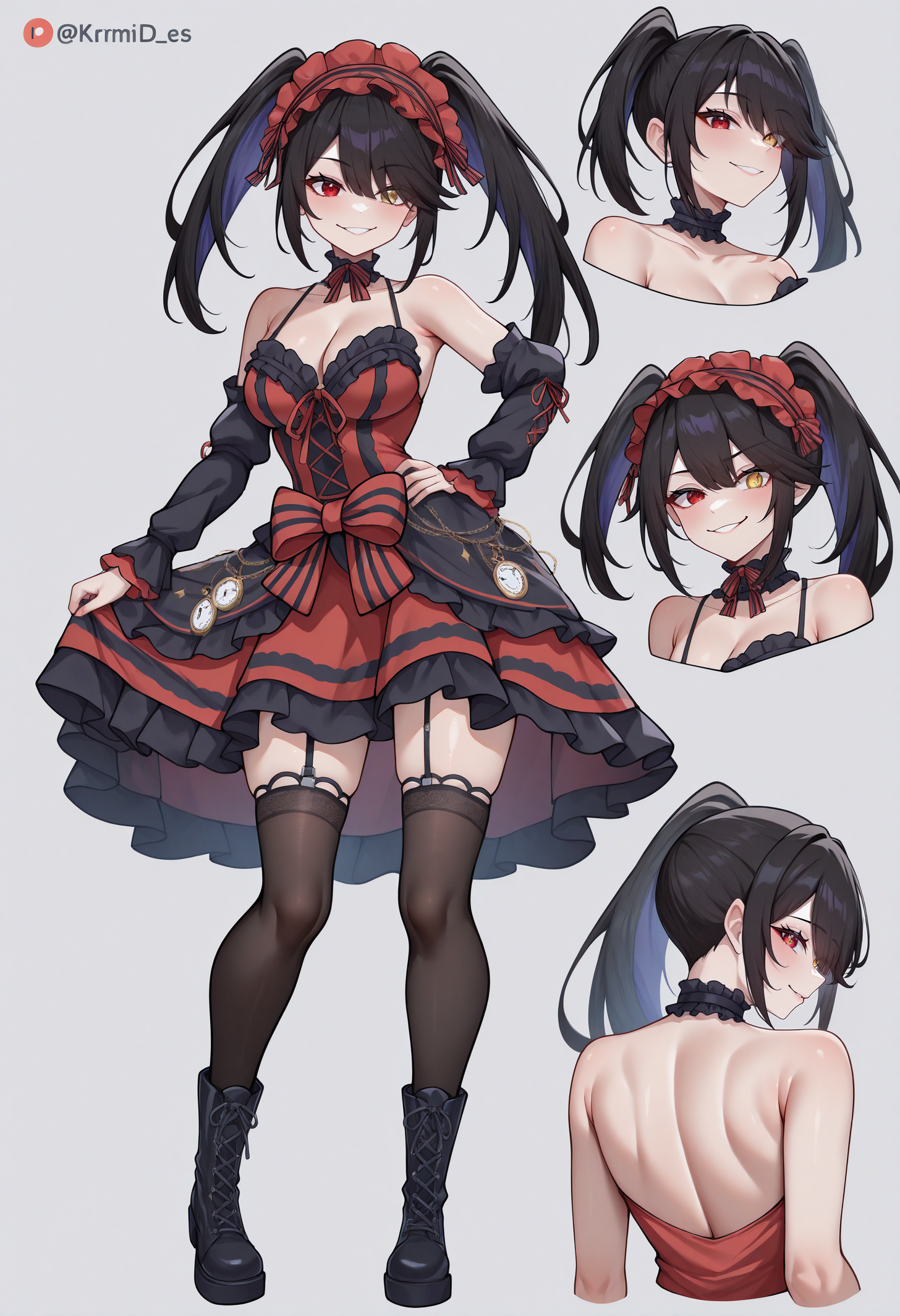 masterpiece, best quality, newest, absurdres, highres, seductive smile, reference sheet, multiple views, <lora:ChamKurumiIllustriousXL:1>, KrmiDef, clock eyes, red eye, yellow eye, heterochromia, black hair, long hair, uneven twintails, hairband, red dress, bare shoulders, collarbone, striped bow, frills, detached sleeves, frilled choker, black thighhighs, garter straps, lace-up boots,