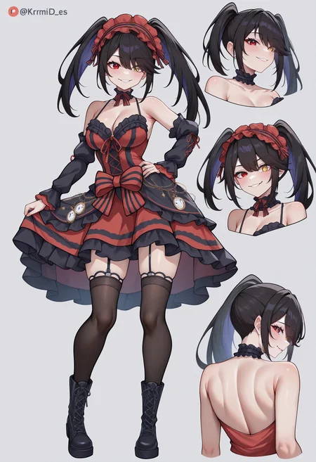 masterpiece, best quality, newest, absurdres, highres, seductive smile, reference sheet, multiple views, <lora:ChamKurumiIllustriousXL:1>, KrmiDef, clock eyes, red eye, yellow eye, heterochromia, black hair, long hair, uneven twintails, hairband, red dress, bare shoulders, collarbone, striped bow, frills, detached sleeves, frilled choker, black thighhighs, garter straps, lace-up boots,