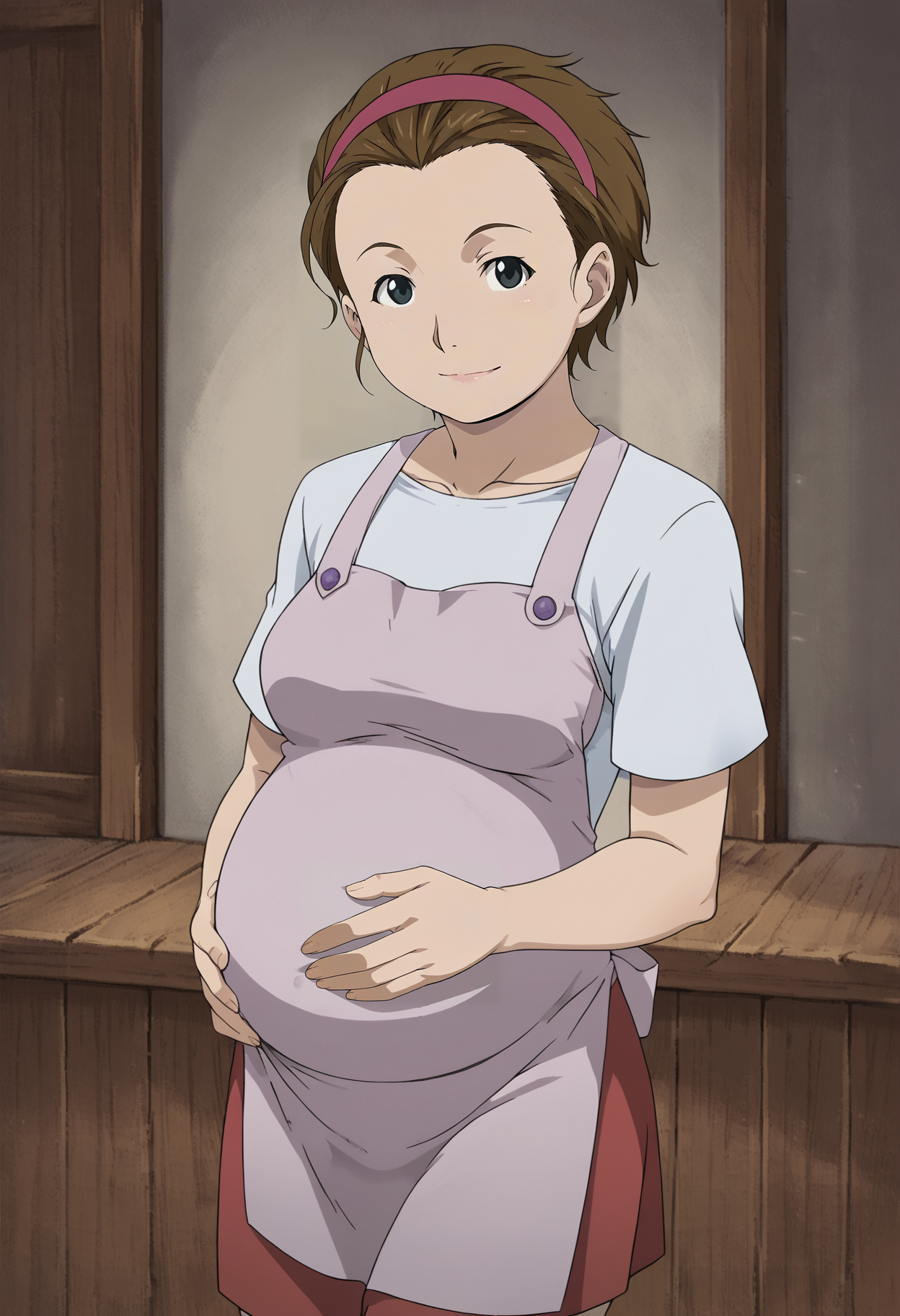 <lora:Satella_LeCoulte-Fullmetal_Alchemist:0.8>,Satella,mature female,1girl,solo,brown hair,hairband,short hair,pregnant,shirt,apron,skirt,cowboy shot,looking at viewer,smile,indoors