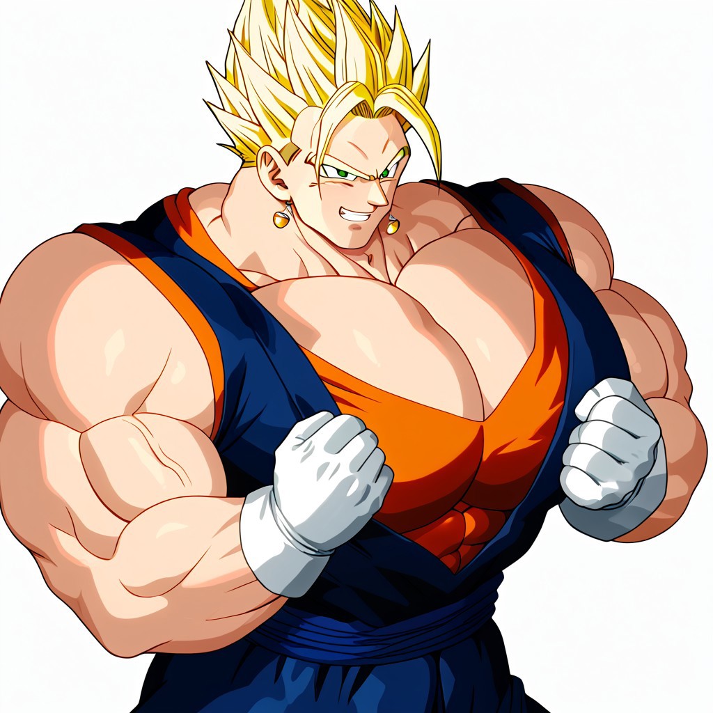 tight clothing,male, man, 1man, vegito, buff vegito,  blond hair, spiky hair, Green Eyes, angry smile, white teeth, round earrings, white gloves, fists, orange shirt, blue sleeveless vest, hyper muscles, huge muscles, massive muscles, big muscles, flexing arms, muscle plexus pose, blue belt blue pants, hyper pecs, huge pecs, massive pecs, muscular pecs, simple background, white background, upper body, shadows, shading hyper deltoids, massive deltoids, lock of hair, yellow eyebrows,Expressiveh, gay , yaoi, bulges, pectoral