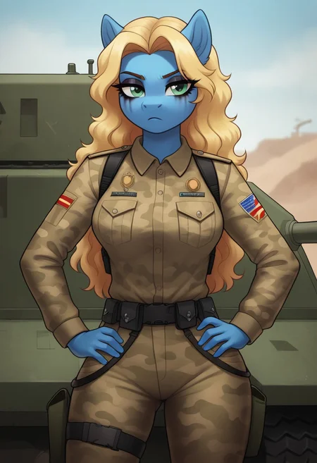 score_9, score_8_up, score_7_up, score_6_up, realistic illustration, dramatic angle, military headquarters, military base, outdoors, day, armored vehicle, apc, tank (vehicle), m1a2 ambrams, m1a2 ambrams MBT tank,
(1girl,((blue body,(blonde hair,long hair,wavy hair),(green-eyed),female,eyelashes,cute:5,adorable:3,adorasexy:1,good_anatomy,anthro pony), goth makeup, medium breasts,bubble butt)),
(anthro pony), 26 yo, tail, female focus, looking at you, seducing, serious face, unamused, uniform military, grey undershirt, camouflage jacket military uniform, camouflage military cargo tactical pants, one hand on hip,