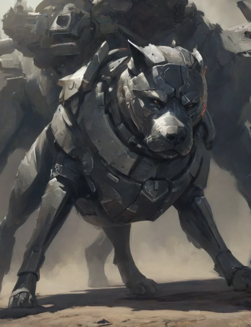 concept art, depiction of an epic and armored dog ready for battle, deep shadow, cinematic, contrast <lora:- SDXL - amredpll_armored_style_V1.0:.8>