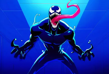 sfw, masterpiece, best quality,absurderes,anime screencap,persona 5,venom_(marvel),1boy,solo,teeth,slime,open mouth,long tongue,indoors,epic
