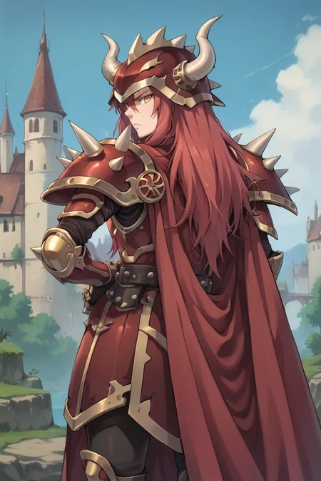 score_9, score_8_up, score_7_up, score_6_up, source_anime, BREAK, <lora:GulcasaPonyXL:0.7> , guldef, 1boy, red hair, long hair, yellow eyes, armor, full armor, spikes, shoulder armor, horned helmet, spiked helmet, horned headwear, shoulder spikes, cape, red cape, pauldrons, gauntlets, greaves, cowboy shot, looking at viewer, serious expression, angry, <lora:zy_Detailed_Backgrounds_v1:0.3> , detailed background, highly detailed, exterior, castle, fortress, day, blue sky, <lora:OldAnimeStyle_PonyXL:0.6> , Vintage, 1990s \(style\),