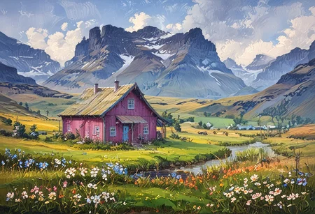 Icelandic landscape scene, steep mountain valley, lush green fields, small lumbermill, simon stalenhag, storm, dark clouds, windswept, stormy weather, complementary colors, ((Highest quality:1.0),(High resolution:1.0), (masterpiece:1.0), (ground level view:0.6, viewer looking up:0.6), beautiful and aesthetic:1.3), extreme detailed, colorful, highest detailed,((ultra-detailed)),(highly detailed CG illustration),,