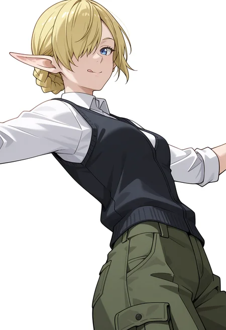 Smooth Quality,masterpiece,very intricate, high quality details, ultra realistic, high detailed skin,detailed enviorement,absurdres, 
simple background, white background, 
from below,dancing,
:q,solo, 
 <lora:Kagali_cnn:0.8> 1girl, short hair, blonde hair, blue eyes, pointy ears, braid, hair over one eye, elf,zip-up vest,  ,sweater, ,cargo pants, ,