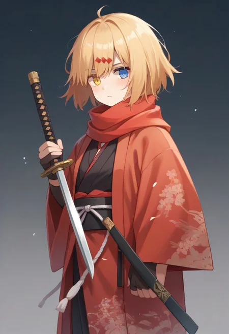 score_9, score_8_up, score_7_up, source_anime, BREAK
standing, blonde hair, heterochromia, blue eyes, yellow eyes, (mg36samurai), black gloves, scarf, short hair, hair ornament, japanese clothes, kimono, holding sword