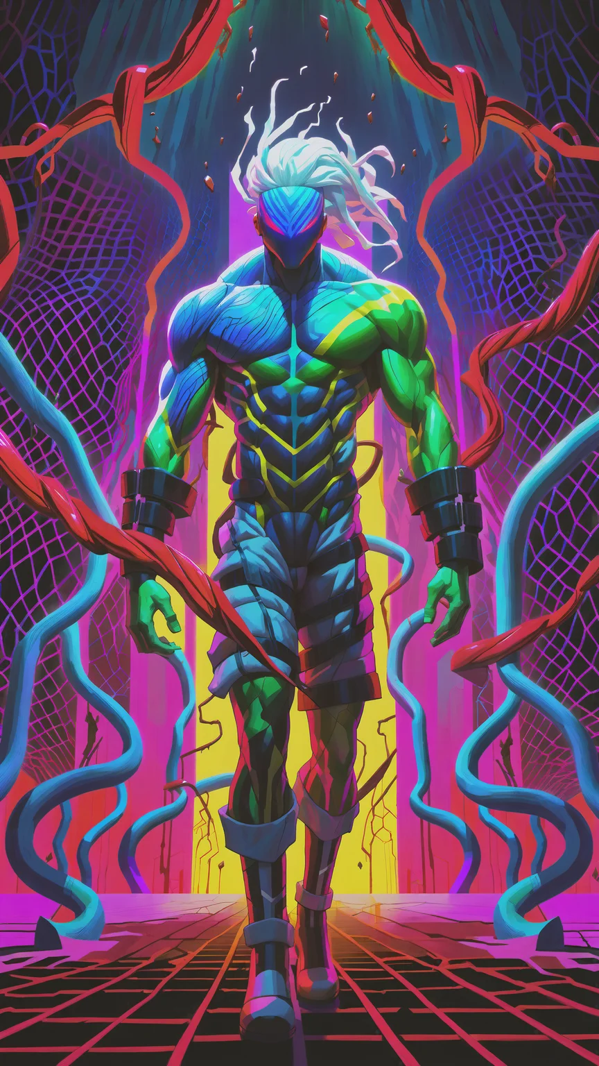 Fighting game style masterpiece, best quality, ultra realistic, 32k, RAW photo, detailed skin, 8k uhd, dslr, high quality,\nShort and messy hair, dynamic, vibrant, action-packed, detailed character design, reminiscent of fighting video games, glitched bloody veins growing and intertwining out of the darkness, oozing thick neon rainbow blood, veins growing and pumping blood, vascular networks growing, connecting, expanding, red veins everywhere, zdzislaw beksinski, (vibrant colors:1.2), glitched body effect, long white hair, (Infrared:1.2), Rust, Hypercube, ultra detailed, intricate, oil on canvas, ((dry brush, ultra sharp)), (surrealism:1.1), (disturbing:1.1), beksinski style painting, sparks, lens flare, rim lighting, realistic image, backlighting, RTX, Post Processing, man body, muscular, venom costume, Abstract style mysterious figure emerges from the shadows in a tangled mess of iridescent wires and glowing mesh, color splash, extreme close-up, face hidden behind layers of glitched wavy distortions, Non-representational, colors and shapes, expression of feelings, imaginative, highly detailed, A dark man in an army jacket drooling on a city, in the style of hybrid creature compositions, light green and dark azure, steampunk clothing, brightly colored birds, sci-fi anime, concept art, sharp focus, high detailed, glowing aura, (two-tone hair), film grain, marker masterpiece, ugly vile stuff of smoke and ashes, the embodiment of air pollution, vibrant painting of full body, rendered in anime style, UHD drawing, fantasy concept art, hyperdetailed, intricately detailed, fantasy concept art, ultra hd, highly detailed, perfect composition, beautiful detailed intricate insanely detailed octane render, trending on artstation, detailed, 16k rim lighting, Sharp focus