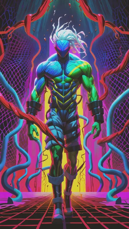 Fighting game style masterpiece, best quality, ultra realistic, 32k, RAW photo, detailed skin, 8k uhd, dslr, high quality,\nShort and messy hair, dynamic, vibrant, action-packed, detailed character design, reminiscent of fighting video games, glitched bloody veins growing and intertwining out of the darkness, oozing thick neon rainbow blood, veins growing and pumping blood, vascular networks growing, connecting, expanding, red veins everywhere, zdzislaw beksinski, (vibrant colors:1.2), glitched body effect, long white hair, (Infrared:1.2), Rust, Hypercube, ultra detailed, intricate, oil on canvas, ((dry brush, ultra sharp)), (surrealism:1.1), (disturbing:1.1), beksinski style painting, sparks, lens flare, rim lighting, realistic image, backlighting, RTX, Post Processing, man body, muscular, venom costume, Abstract style mysterious figure emerges from the shadows in a tangled mess of iridescent wires and glowing mesh, color splash, extreme close-up, face hidden behind layers of glitched wavy distortions, Non-representational, colors and shapes, expression of feelings, imaginative, highly detailed, A dark man in an army jacket drooling on a city, in the style of hybrid creature compositions, light green and dark azure, steampunk clothing, brightly colored birds, sci-fi anime, concept art, sharp focus, high detailed, glowing aura, (two-tone hair), film grain, marker masterpiece, ugly vile stuff of smoke and ashes, the embodiment of air pollution, vibrant painting of full body, rendered in anime style, UHD drawing, fantasy concept art, hyperdetailed, intricately detailed, fantasy concept art, ultra hd, highly detailed, perfect composition, beautiful detailed intricate insanely detailed octane render, trending on artstation, detailed, 16k rim lighting, Sharp focus