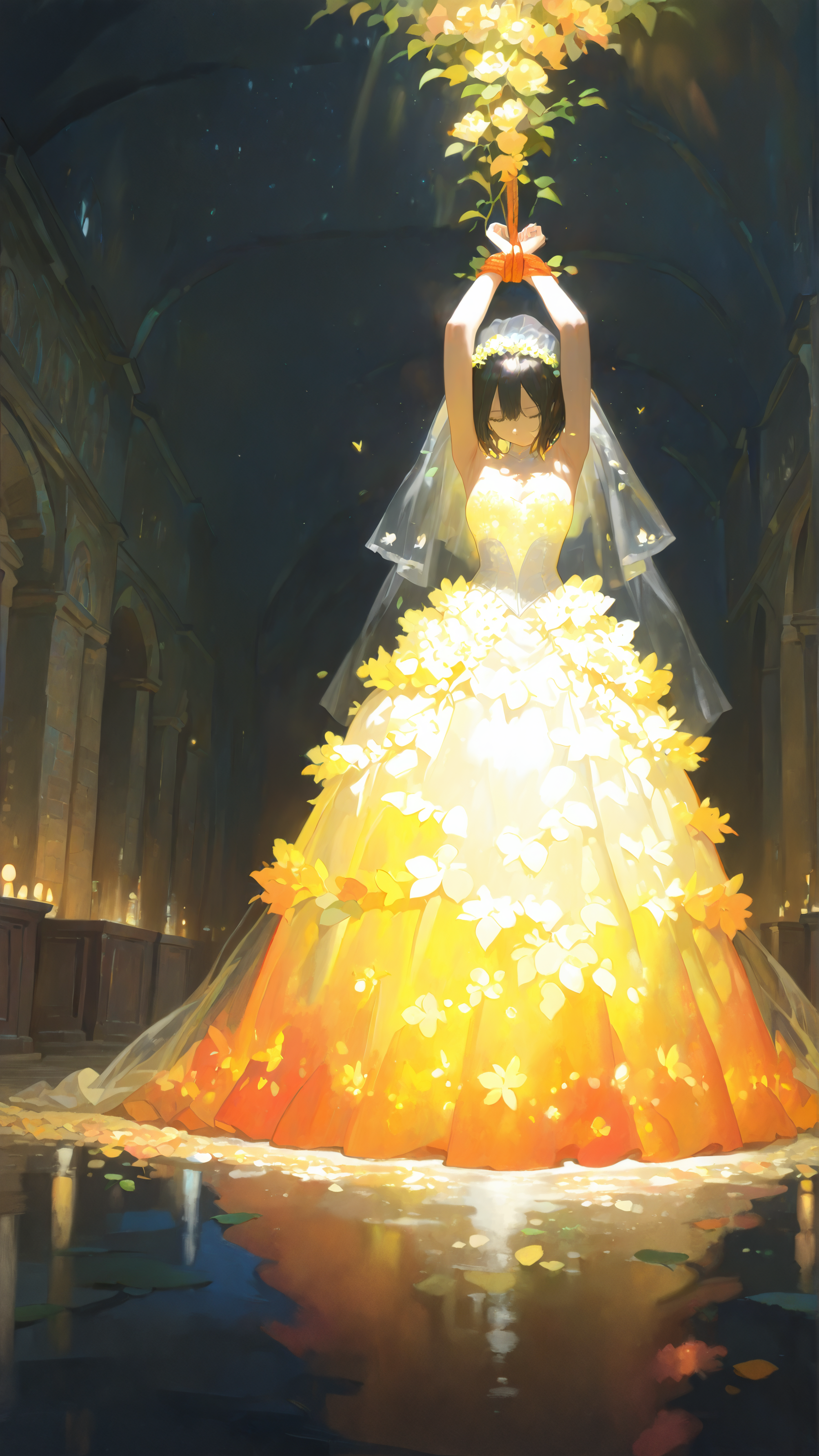 masterpiece, newest,absurdres,incredibly absurdres, best quality, amazing quality, very aesthetic, impressionism, painterly,
1woman, bride, glowing dress, bound torso, 
 <lora:KonYa666:1> kony4666