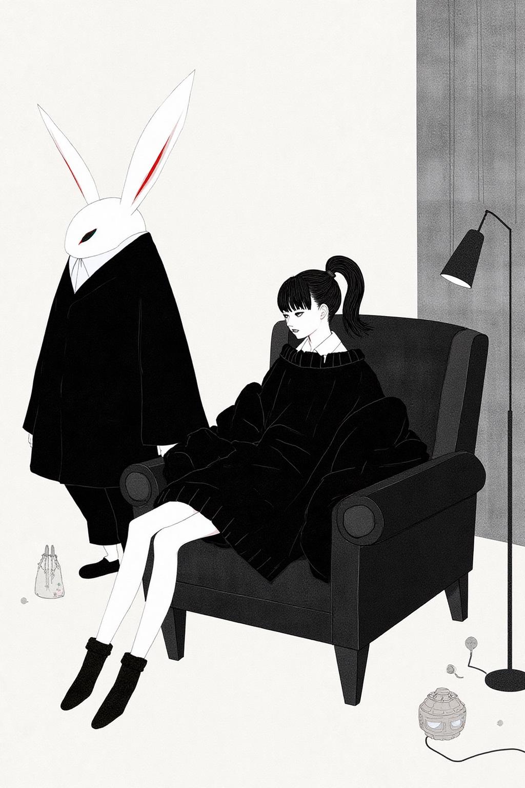 kchiba1 illustration. 
A young woman with dark hair styled in a high ponytail sits on a dark, modernist armchair. She is dressed in a loose, oversized black sweater and dark pants, with her legs crossed casually. On the left, there is a large anthropomorphic rabbit wearing black clothing standing beside the sofa. <lora:kchiba1_cap_d6a3:1.0><lora:837658080591392177:0>