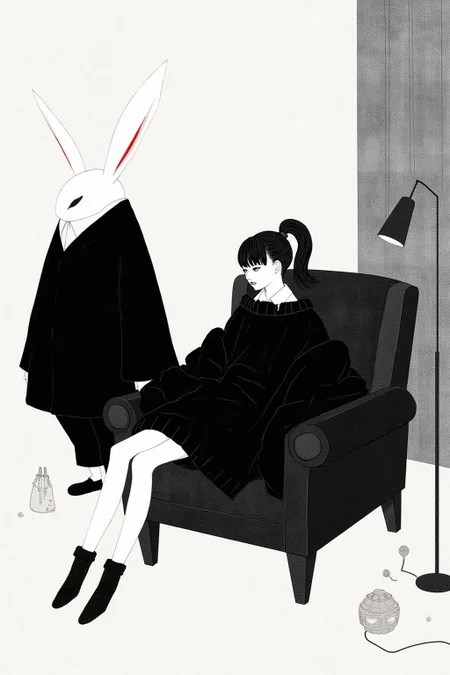 kchiba1 illustration.
A young woman with dark hair styled in a high ponytail sits on a dark, modernist armchair. She is dressed in a loose, oversized black sweater and dark pants, with her legs crossed casually. On the left, there is a large anthropomorphic rabbit wearing black clothing standing beside the sofa. <lora:kchiba1_cap_d6a3:1.0><lora:837658080591392177:0>