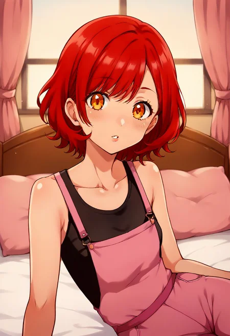 score_9, score_8_up, score_7_up, source_anime, source_cartoon, (by idkn:1.2), 1girl, (haruka, clothed:1.35), red hair, short hair, (orange eyes, perfect eyes), (pink overalls), (black tank top:0.8), bare shoulders, indoors, day, looking at viewer, bed, bedroom, on side, lying, parted lips, shiny, beautiful, breasts, small breasts, collarbone, window, curtains, good_hands