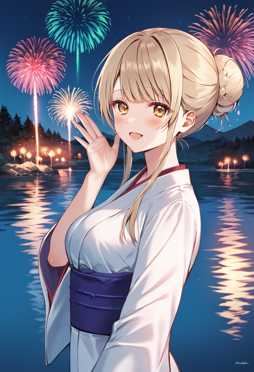 mahiru_shiina, blonde hair, long hair, yellow eyes, medium breasts, white kimono, wide sleeves, tied hair, sidelocks, hair bun, braided hair bun BREAK outdoors, lake, night, fireworks BREAK cowboy shot, looking at viewer, standing,open mouth, happy face , blush  dynamic pose, from side BREAK score_9, score_8_up, score_7_up, source_anime ,zPDXL, perfect hand ,  <lora:Mahiru_Shiina:0.8>
