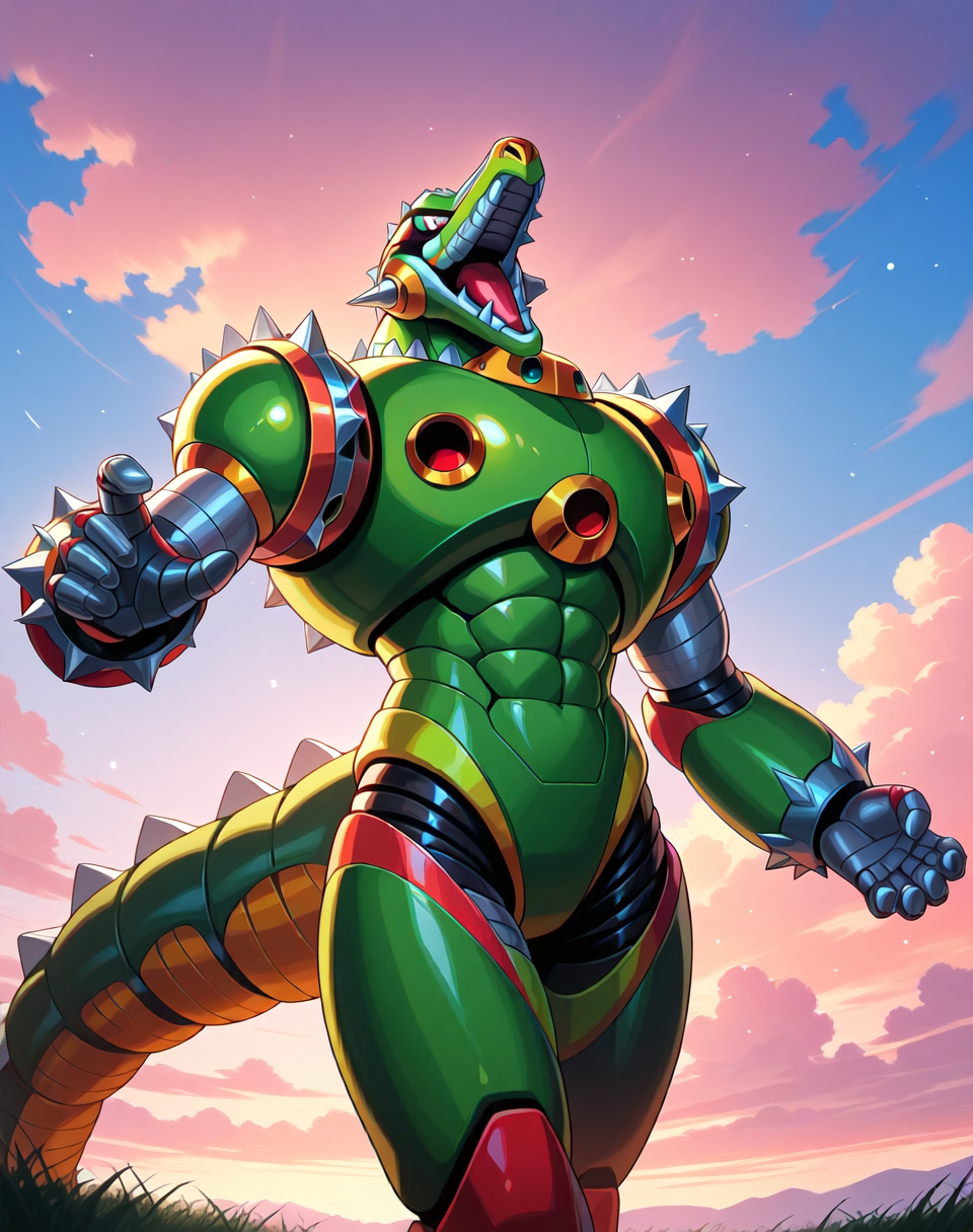<lora:Wheel_Gator_(Mega_Man_X)_(Illustrious)_(AD):1.35> Wheel Gator, reploid, MMX, 
exterior, sky with clouds, grassy valley,
male focus, intense shadows, dynamic shadows, intricate details, attention to details, gradient coloring, bright vivid colors, robot, bent leg, glossy metal body, cowboy shot, ((abs, ):1.5), 
BREAK very awe, masterpiece, best quality, amazing quality, very aesthetic, highres, absurdres, 
EZRealPONYXL, zPDXL, Smooth Quality, lazynsfw,