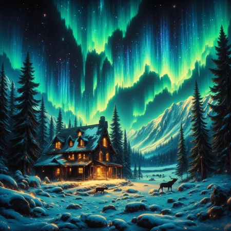 In a secluded forest clearing surrounded by towering pine trees that shimmer with an ethereal glow under the canopy of stars above,stands a cozy wooden cabin. The rustic dwelling is adorned with twinkling fairy lights and wreaths made from fragrant evergreen branches. A thick blanket of snow crunches softly beneath your boots as you approach the inviting warmth emanating from within.,
As night falls,the sky transforms into an otherworldly canvas of swirling colors - emerald greens,sapphire blues,and fiery oranges dance in mesmerizing patterns above. The air is crisp with a hint of woodsmoke and pine resin. Suddenly,a majestic moose emerges from the shadows,its antlers reaching towards the aurora-lit heavens as if communing with the celestial magic.,
In the distance,a herd of deer grazes peacefully under the spectral light show,their coats glistening like polished onyx in the shimmering hues. The forest comes alive with an enchantment that seems to pulse from every living thing - trees,creatures,and even the snowflakes themselves appear imbued with an ancient,mystical energy.,
As you step inside the cabin's welcoming embrace,a crackling fire casts golden light upon plush furs and woven blankets. The scent of hot cocoa mingles with the earthy aroma of the forest outside. It's as if this secluded sanctuary has been waiting just for you - a place where wonder and magic converge under the starry expanse of the northern wilderness.,<lora:FluxDFaeTasticDetails:0.75>,<lora:FluxMythR3alisticF:1>,R3alisticF,<lora:FLUX_Bioluminescent_Concept:1>,bo-bioluminescent,