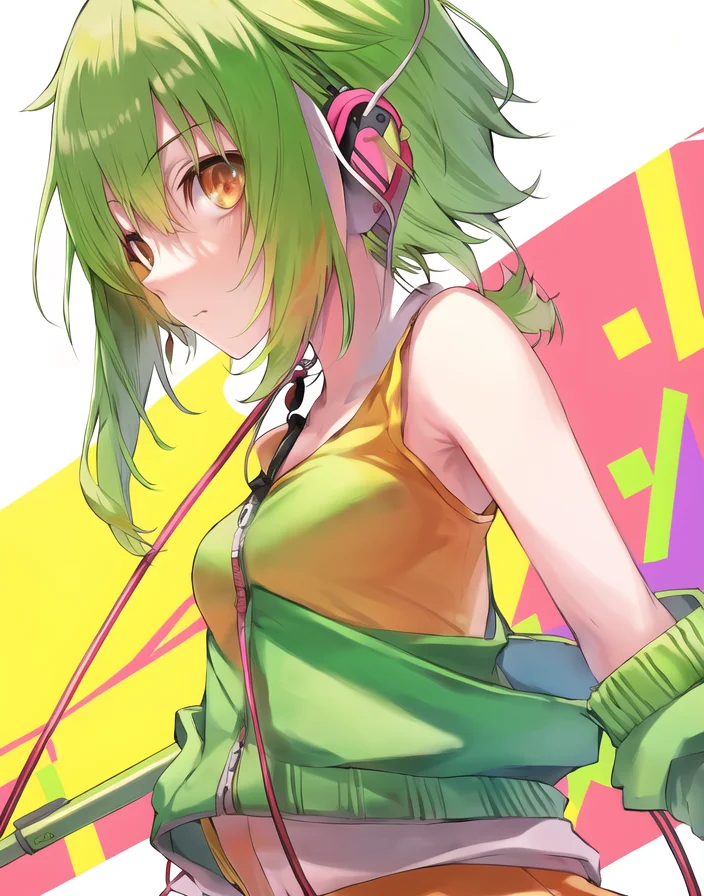 Gumi, solo, ((focus on face)), looking at viewer, white background <lora:Gumi_V1-01:0.6>, earphones,