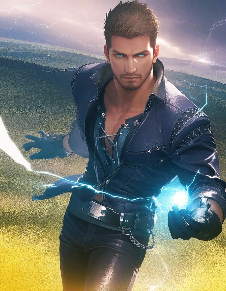 score_9, score_8_up, score_7_up, score_6_up, score_5_up, <lora:FF16 - Cidolfus Telamon - Pony 3-000007:0.7>cid_t, light brown hair, very short hair, green eyes, facial hair, jacket, shirt, belt, gloves, pants, boots, field, storm, lightning, magic, electricity, holding magic, looking at viewer, glowing blue eyes, cowboy shot