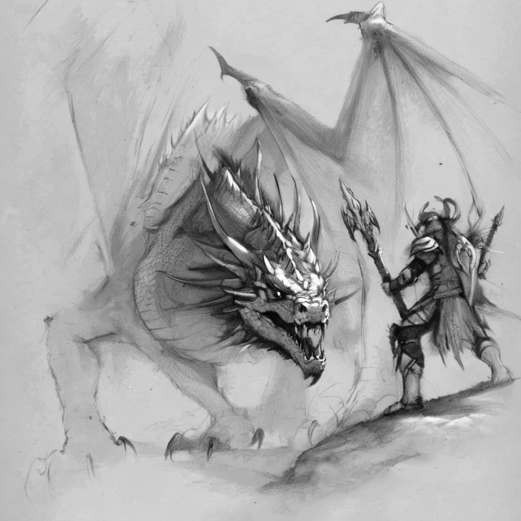 drawix8 unfinished sketch of a dragon and a warrior <lora:drawix8:1>