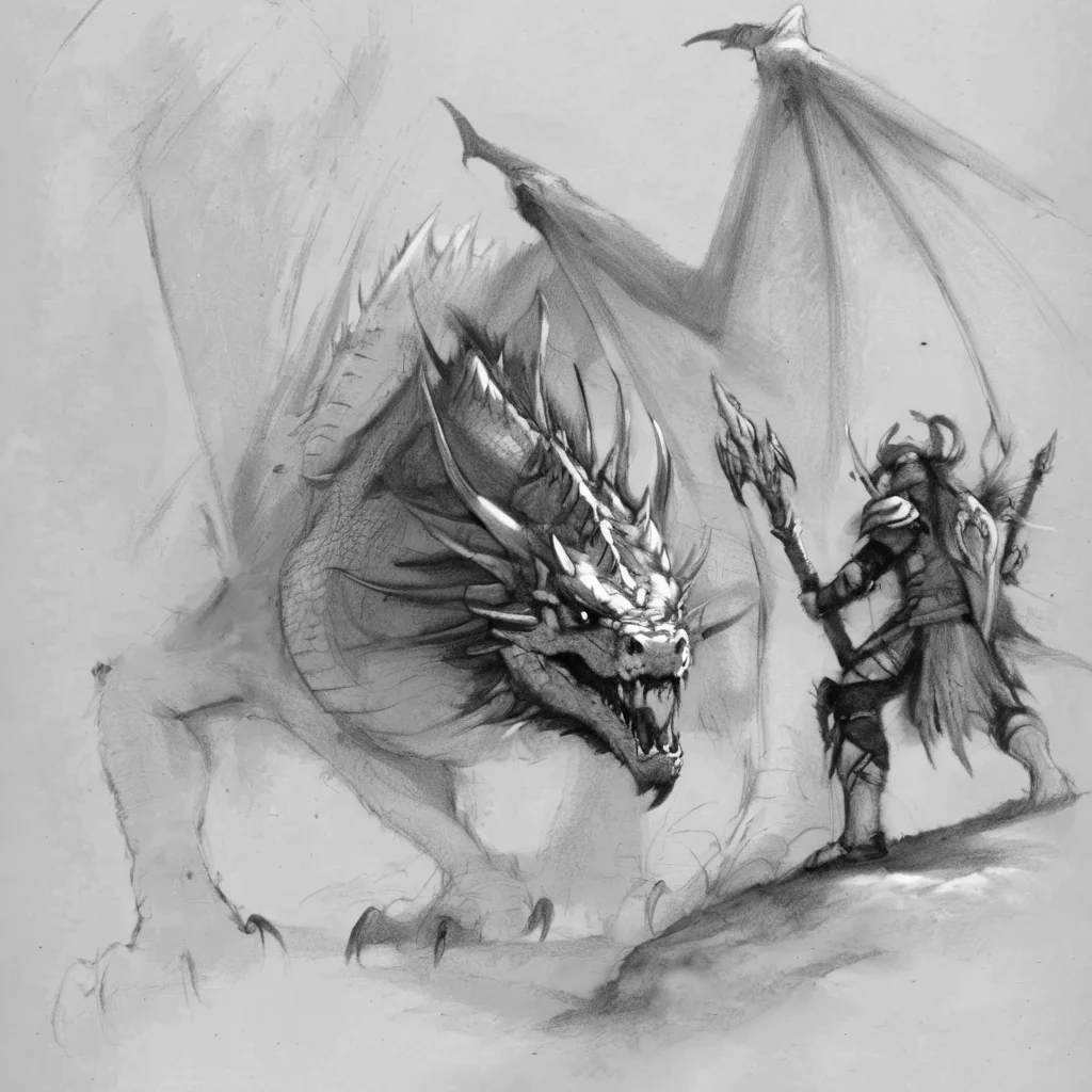 drawix8 unfinished sketch of a dragon and a warrior <lora:drawix8:1>