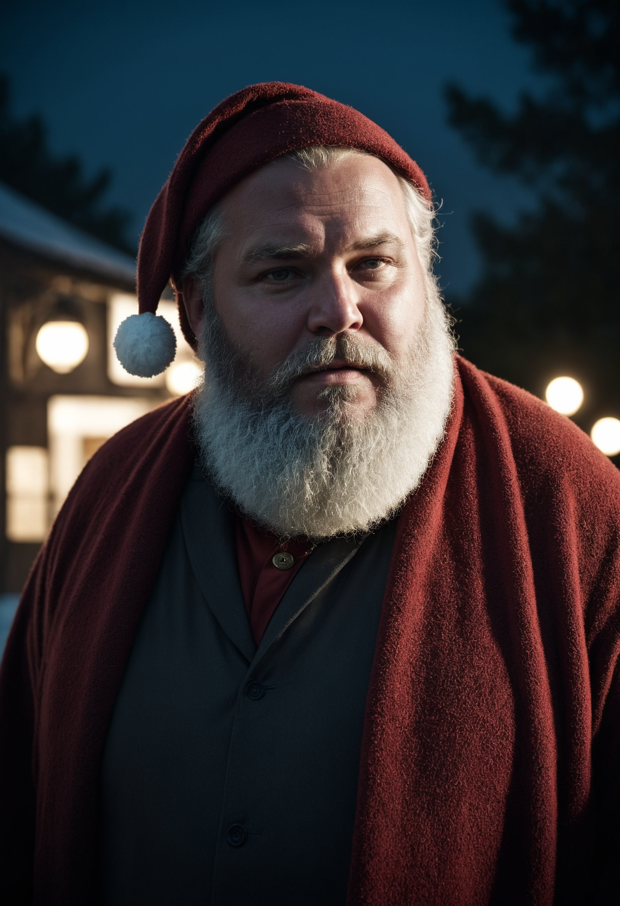 cinematic photo breathtaking photograph, moody lighting, Calotype, Refreshing full-figured Santa, Landscape architect, wearing Cold Shrug, Relaxed, dramatic lighting . award-winning, professional, highly detailed . 35mm photograph, film, bokeh, professional, 4k, highly detailed, confused, looking around scared