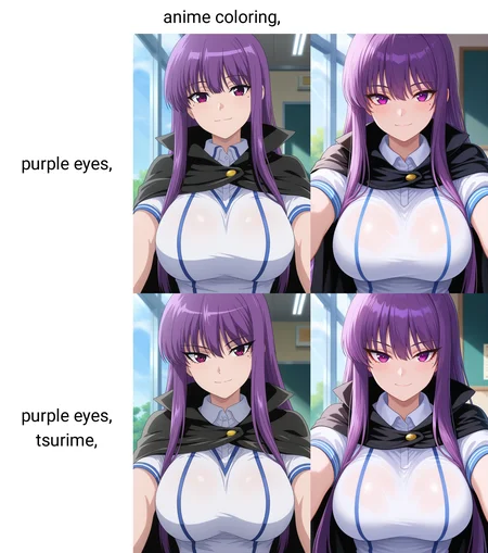 masterpiece, best quality, amazing quality, 1girl, solo, (portrait:1.2), anime coloring, fujikoww, purple eyes, purple hair, long hair, very long hair, mole under eye, large breasts, school uniform, black cape, white school shirt, short sleeves, looking at viewer, smile, indoors, day, skindentation, detailed clothing folds, depth of field, sharp, high contrast, dynamic light <lora:Etou_Fujiko_Ichiban_Ushiro_no_Daimaou_ill_v11:0.9>