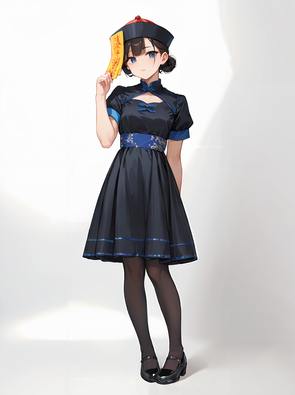 score_9, score_8_up, score_7_up,source_anime, high res image,masterpiece,best quality,(girl:1.0),cute face,clear skin,shiny hair,ultra detailed eyes,simple background  <lora:jiangshi_pony_V1.1:0.7> jiangshi, hat, black dress, ofuda, black pantyhose, shoes