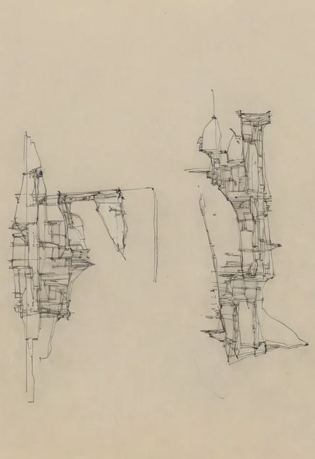 a professional hand sketch of architecture,
(POV view , DOF, first people view from the entrance, low angle shot:1.4),
(Ancient civilization, Alien Prometheus movie scene, dune movie scene:1.5), (The colonial city of the future, in the mist-filled Grand Canyon, on an unknown Earth-like planet, 2 moon on sky, Spaceship flight connects colonies, waterfulls:1.3), (Machu Picchu, a mountain settlement, incredibly spectacular:1.2), (Mario Botta:1.3), (avant-garde, future, reality, science fiction, photorealistic), (modern architecture:1.2), White limestone with black granite, fountain, waterfall, landmark, square, path, narrow street,
(Large Files, Ultra Realistic, 8K, 16k, FHD, HD, VFX, Perfect, Photography, composition, Architecture Sales Photography, Architecture Competition, Ultra High Resolution, Cinematography, High Resolution Image:1.1), (dramatic lighting, direct sunlight, ray tracing, clear shadow:1.2),  (real landscape:1.1), (blurred background:1.0), (urban background, more_details) ,
great lighting, extremely detailed, hillscastel, Neo Classic, Architecture sketch