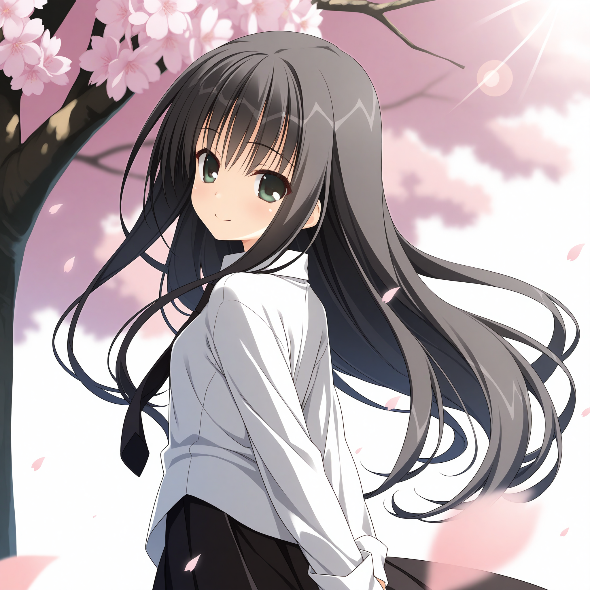 <lora:Natsume_Ai_Uta_1_nai-000046:1>,Natsume Ai,
official outfit,black necktie,long sleeves,black skirt,white shirt,pleated skirt,collared shirt,long skirt,skirt under shirt,
BREAK
1girl,solo,smile,looking at viewer,looking back,arms behind back,cherry blossoms,falling petals,from_back,depth of field,lens_flare,simple background,