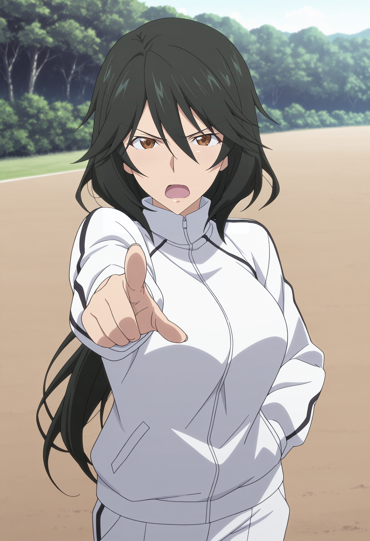 1girl,solo,mm,mature female,black hair,brown eyes,long hair,ponytail,large breasts,anime coloring,
white track jacket,white track suit,white track pants,pointing at viewer, looking at viewer, open mouth, frown, outdoors
,masterpiece,best quality,amazing quality,<lora:Chifuyu_Orimura-Infinite_Stratos:0.8>