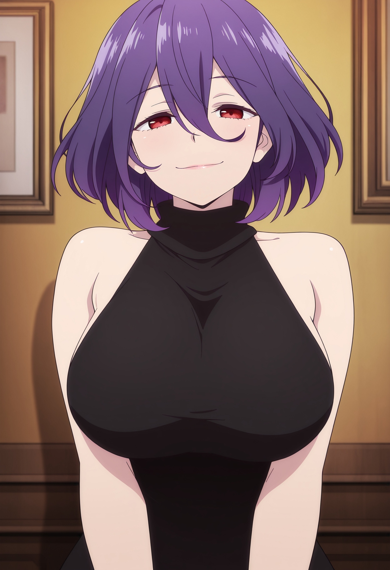 1girl,solo,mm,mature female,short hair,purple hair,red eyes,hair between eyes,large breasts,anime coloring,
sleeveless,bare shoulders,black dress,backless dress,turtleneck,looking at viewer, smile,upper body, indoors,straight-on, 
,masterpiece,best quality,amazing quality,<lora:Vermeil-Kinsou_no_Vermeil:0.8>