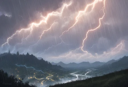 score_9, score_8, score_7, (masterpiece), best quality, expressive eyes, perfect face, landscape, scenery, (rain, stormy, lightning, lightning storm), dark lighting, realistic lighting