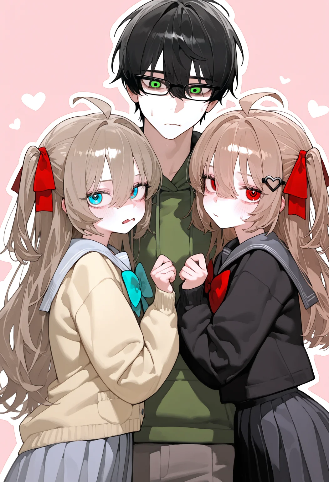 <lora:eatsleep111SDXL:0.75>, best quality, masterpiece, eatsleep1111, 2girls, sisters, 1boy, height difference, upper body, pastel pink background, white outline, sandwiched, [neuro-sama, yellow cardigan, blue eyes, serafuku, grey skirt, aqua bow, aqua bowtie, grey sailor collar, two side up, white heart hair ornament, brown hair, long hair, red ribbon, hair ribbon], [evil neuro-sama, black sailor collar, black cardigan, brown hair, black serafuku, red eyes, black skirt, two side up, black heart hair ornament, red bow, red bowtie, long hair, red ribbon, hair ribbon], [vedal987, green hoodie, pants, hood, glasses, green eyes, nervous, black hair, short hair, two parted bangs, tall male, messy hair, short haired male], <lora:NeuroEvilVedalNoob11:1>,